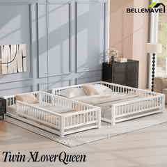 Bellemave® Metal Full XL Over Queen Floor bunk Bed with Ladder & Safety Guardrails, White - Bellemave