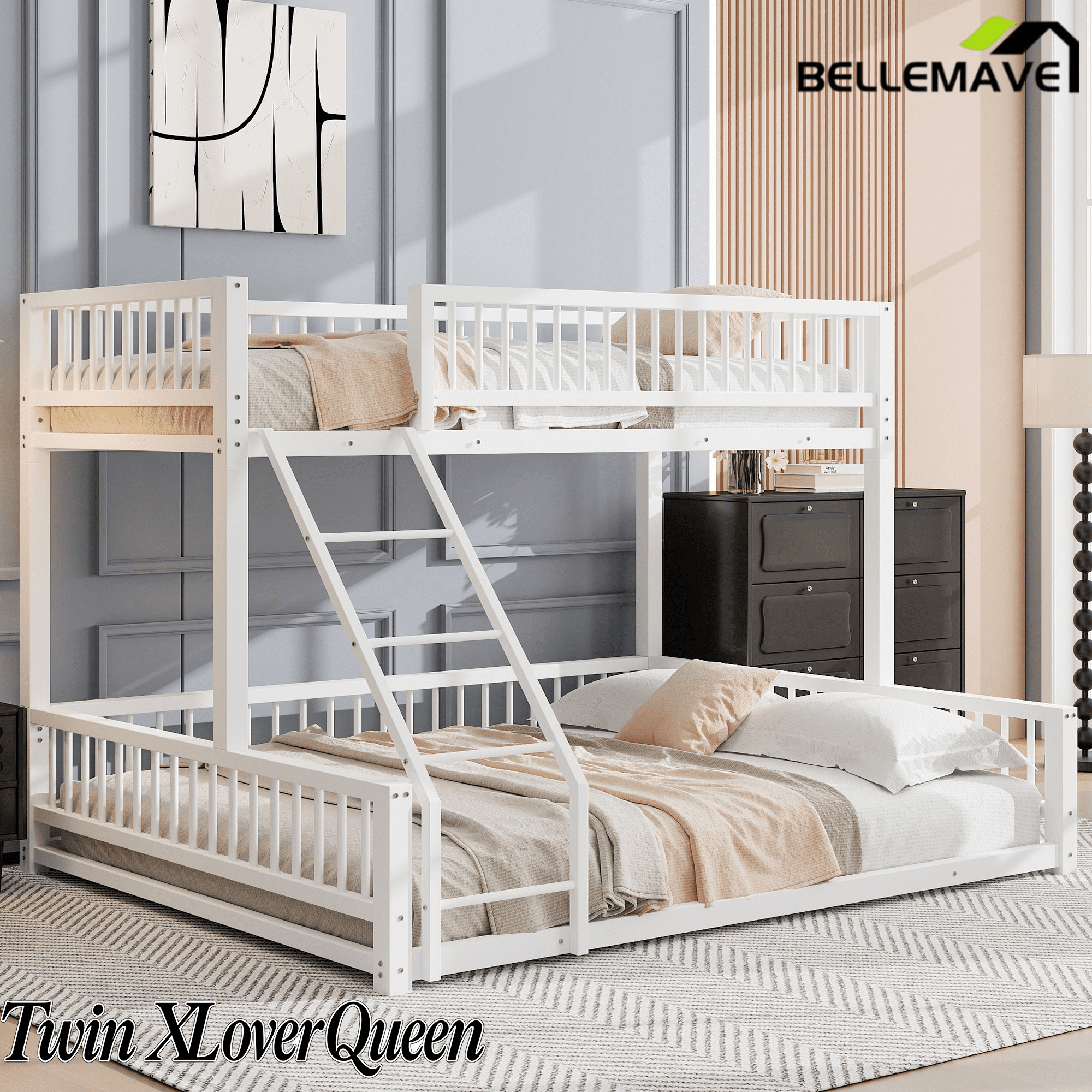 Bellemave® Metal Full XL Over Queen Floor bunk Bed with Ladder & Safety Guardrails, White - Bellemave