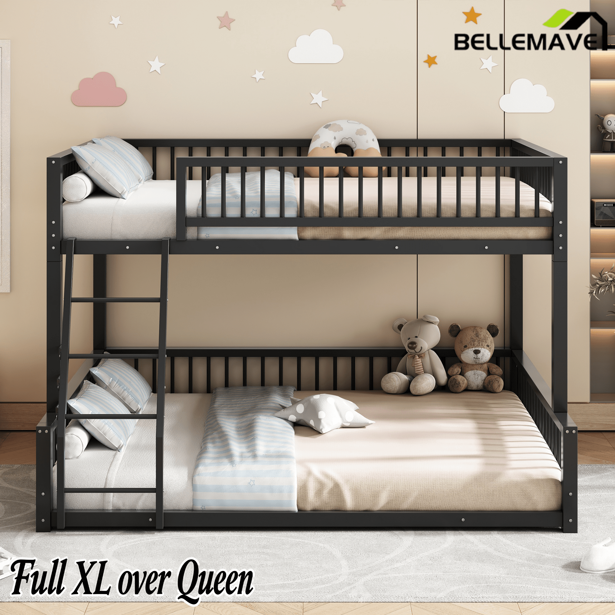 Bellemave® Metal Full XL Over Queen Floor bunk Bed with Ladder & Safety Guardrails, White - Bellemave