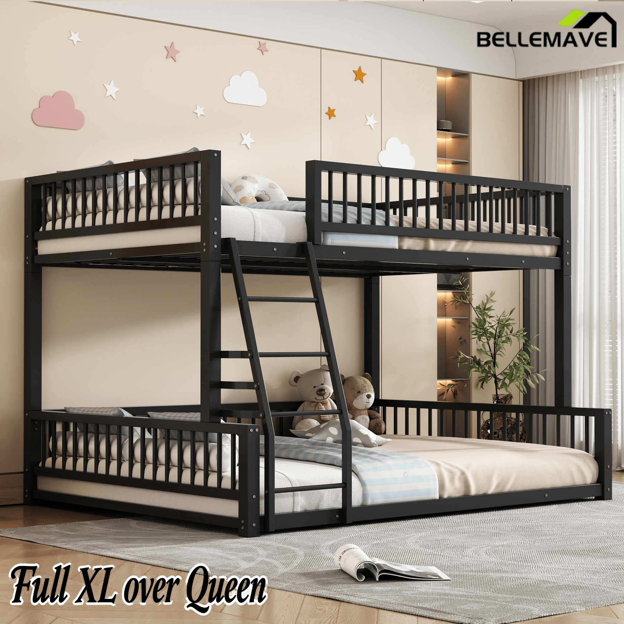 Bellemave® Metal Full XL Over Queen Floor bunk Bed with Ladder & Safety Guardrails, White - Bellemave