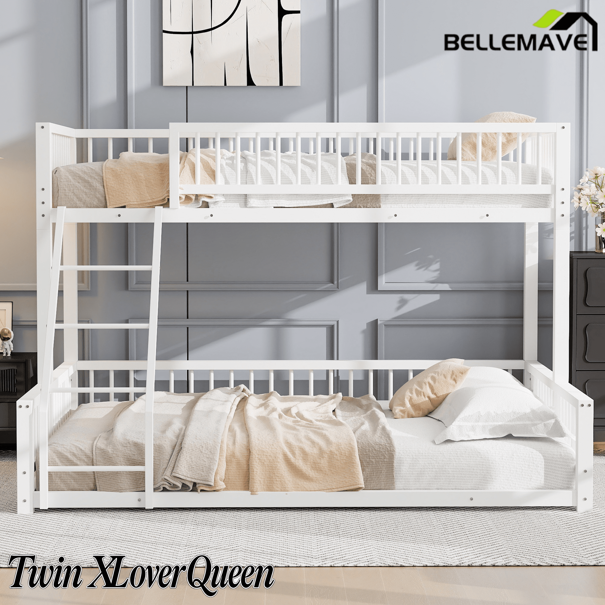 Bellemave® Metal Full XL Over Queen Floor bunk Bed with Ladder & Safety Guardrails, White - Bellemave
