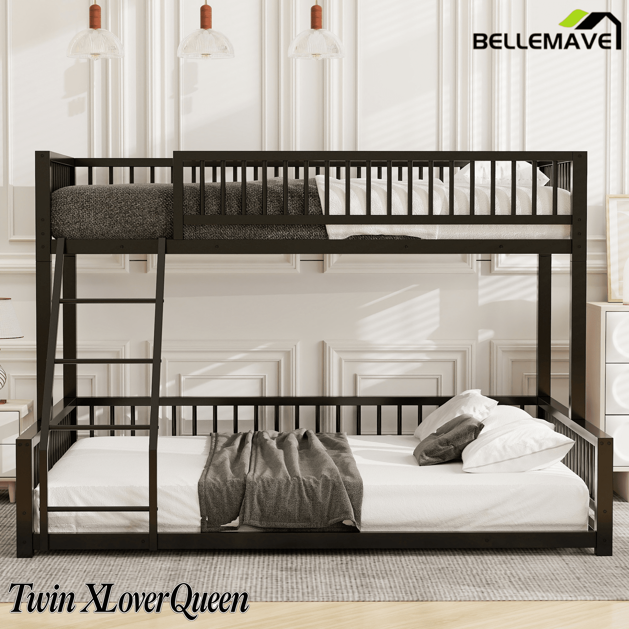 Bellemave® Metal Full XL Over Queen Floor bunk Bed with Ladder & Safety Guardrails, White - Bellemave