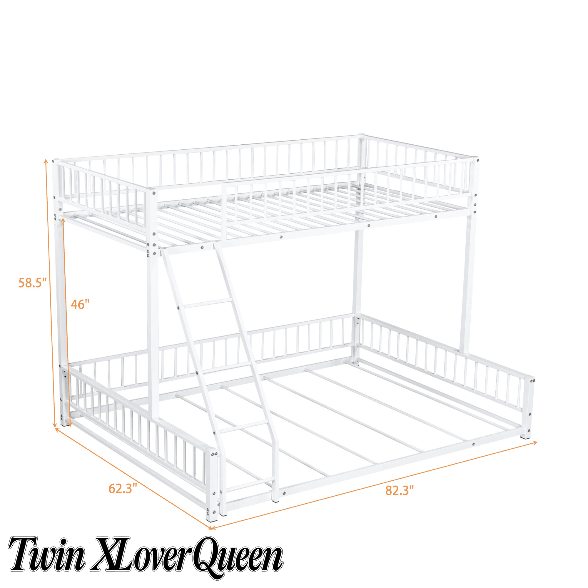 Bellemave® Metal Full XL Over Queen Floor bunk Bed with Ladder & Safety Guardrails, White - Bellemave