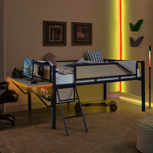Bellemave® Metal Gaming Low Loft Bed with Desk and LED Lights - Bellemave