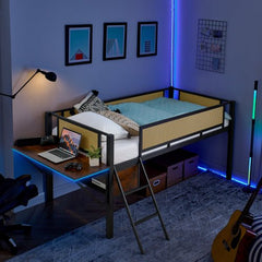 Bellemave® Metal Gaming Low Loft Bed with Desk and LED Lights - Bellemave