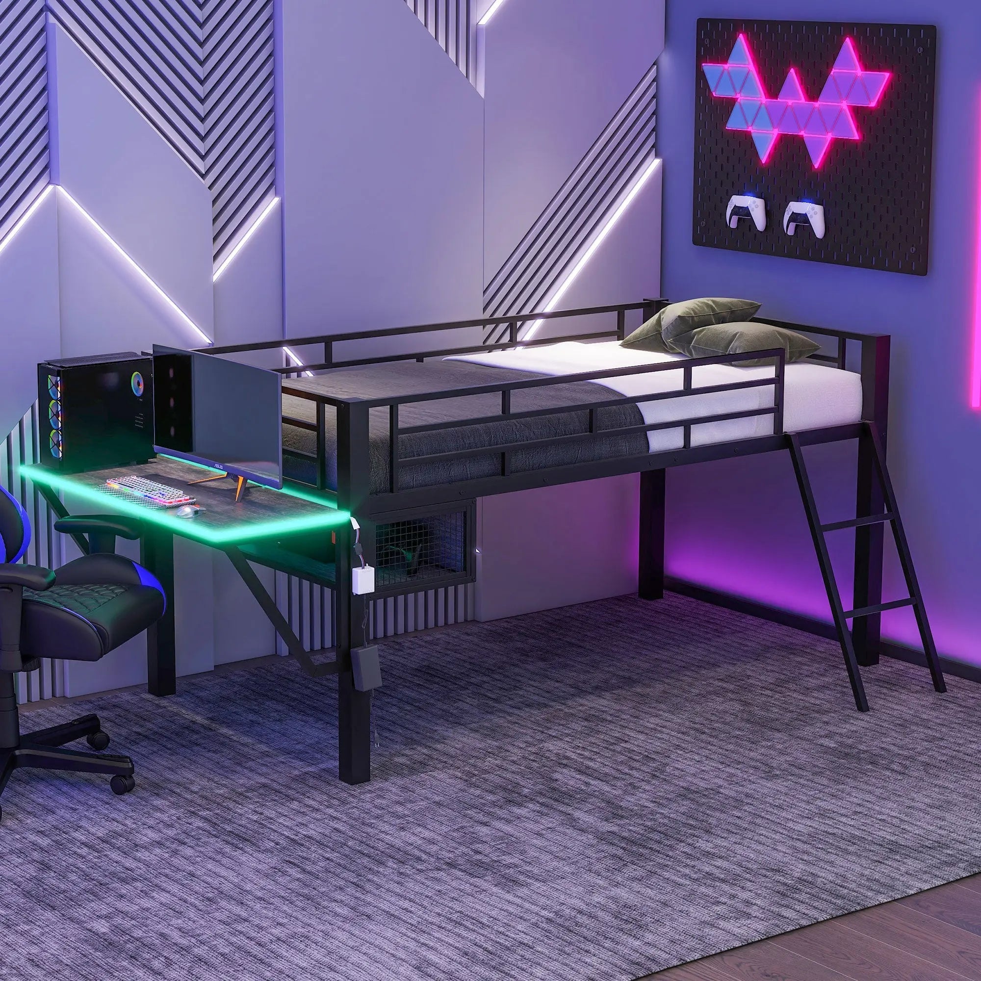 Bellemave® Metal Gaming Low Loft Bed with Desk, LED - Bellemave