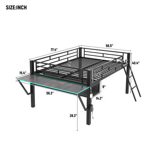 Bellemave® Metal Gaming Low Loft Bed with Desk, LED - Bellemave