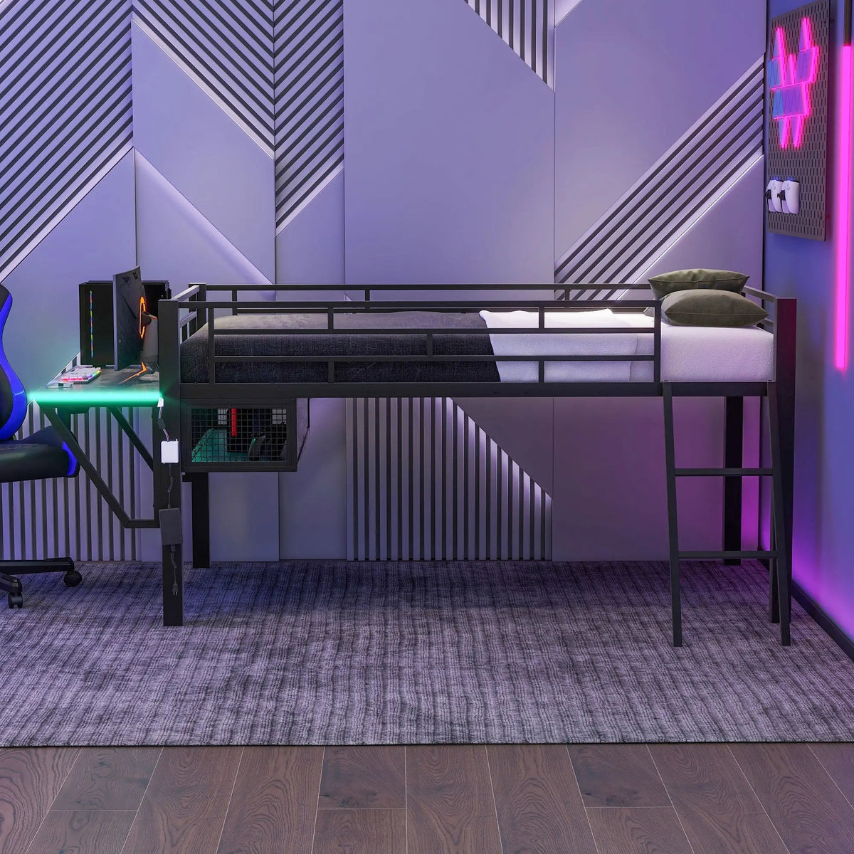 Bellemave® Metal Gaming Low Loft Bed with Desk, LED - Bellemave
