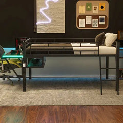 Bellemave® Metal Gaming Low Loft Bed with Desk, LED - Bellemave