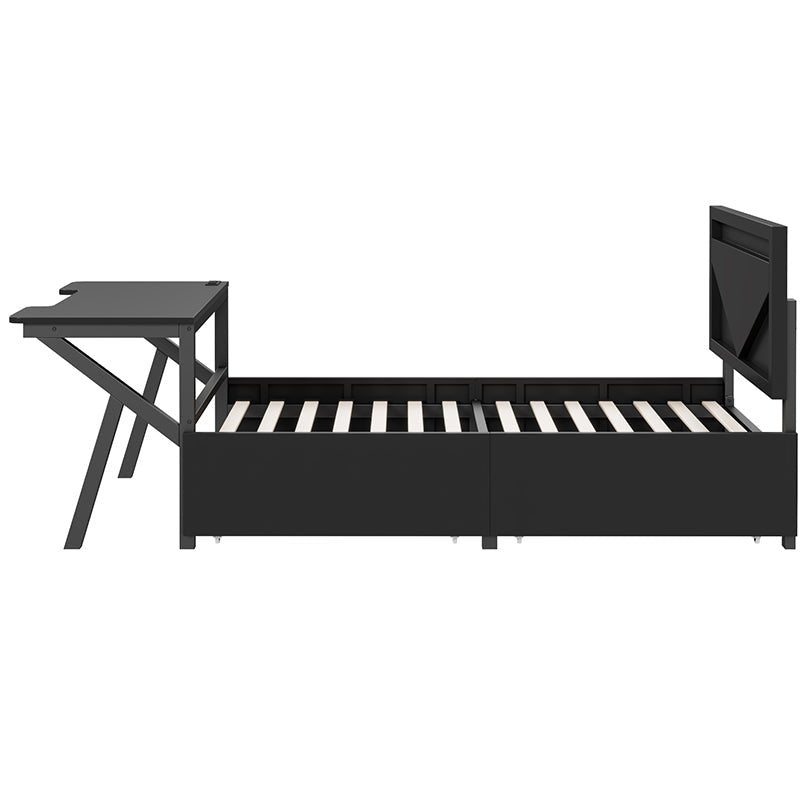 Bellemave® Metal Gaming Platform Bed with LED Headboard, LED Desk, USB and Two Storage Drawers - Bellemave