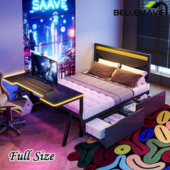 Bellemave® Metal Gaming Platform Bed with LED Headboard, LED Desk, USB and Two Storage Drawers - Bellemave
