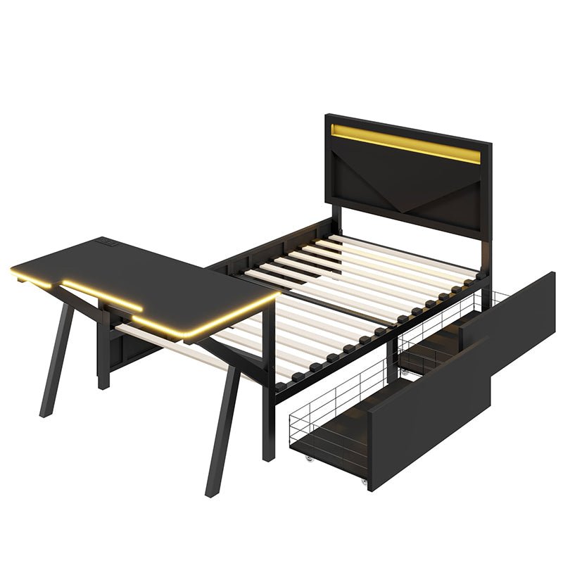 Bellemave® Metal Gaming Platform Bed with LED Headboard, LED Desk, USB and Two Storage Drawers - Bellemave
