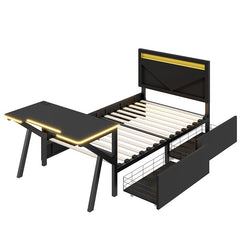 Bellemave® Metal Gaming Platform Bed with LED Headboard, LED Desk, USB and Two Storage Drawers - Bellemave