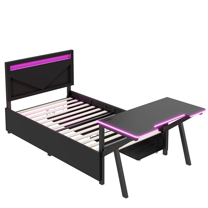 Bellemave® Metal Gaming Platform Bed with LED Headboard, LED Desk, USB and Two Storage Drawers - Bellemave