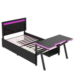 Bellemave® Metal Gaming Platform Bed with LED Headboard, LED Desk, USB and Two Storage Drawers - Bellemave