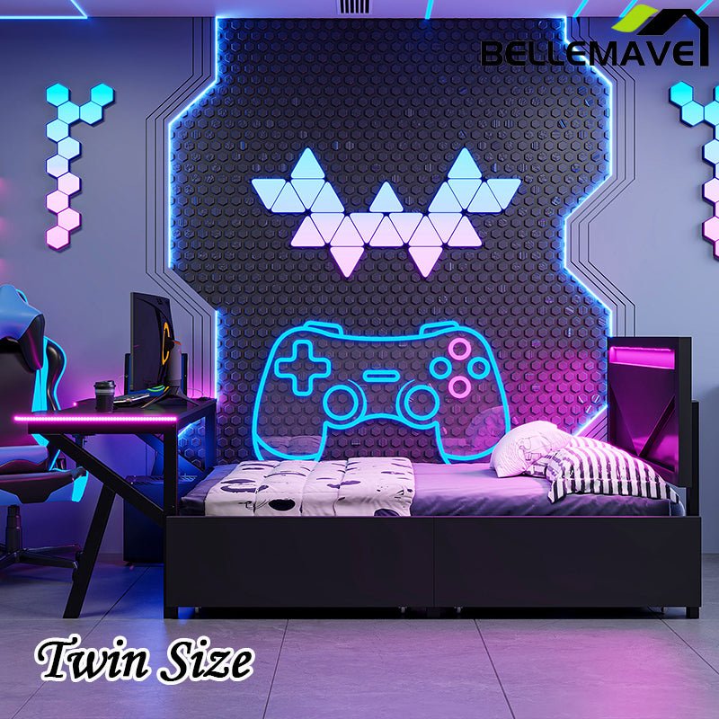 Bellemave® Metal Gaming Platform Bed with LED Headboard, LED Desk, USB and Two Storage Drawers - Bellemave