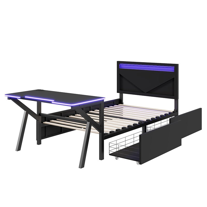 Bellemave® Metal Gaming Platform Bed with LED Headboard, LED Desk, USB and Two Storage Drawers - Bellemave