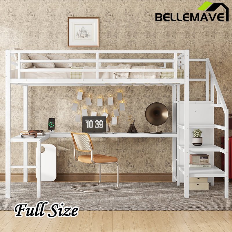 Bellemave® Metal High Loft Bed with L - shaped Desk and USB, Wardrobe and Adjustable Shelf, LED Light - Bellemave