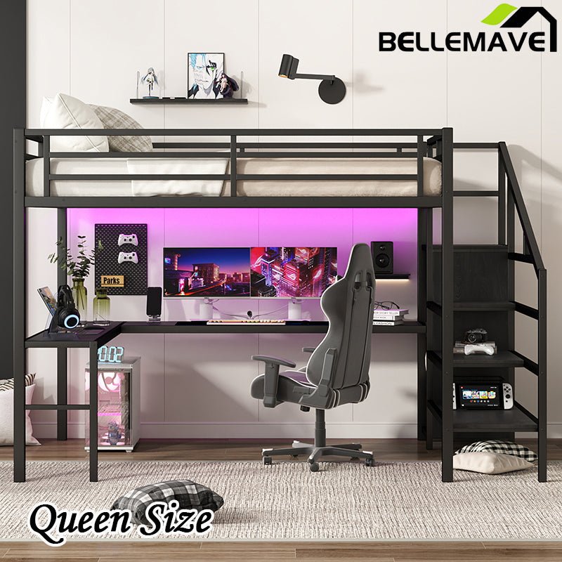 Bellemave® Metal High Loft Bed with L - shaped Desk and USB, Wardrobe and Adjustable Shelf, LED Light - Bellemave