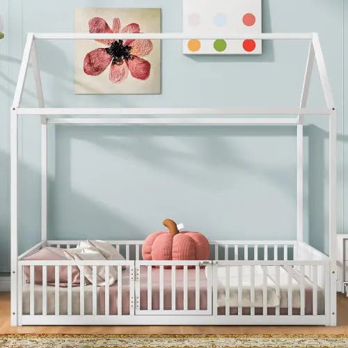 Bellemave® Metal House Bed with Fence and Door - Bellemave