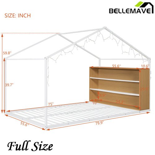 Bellemave® Metal House Bed with Shelves and Lights - Bellemave