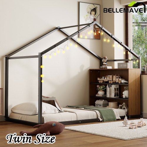 Bellemave® Metal House Bed with Shelves and Lights - Bellemave