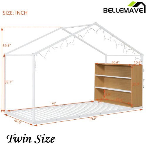 Bellemave® Metal House Bed with Shelves and Lights - Bellemave