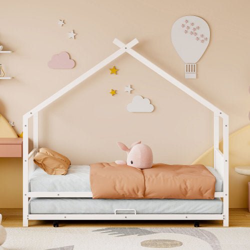 Bellemave® Metal House Bed with Twin Size Trundle Bed - Bellemave