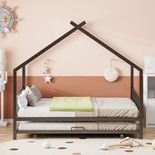 Bellemave® Metal House Bed with Twin Size Trundle Bed - Bellemave