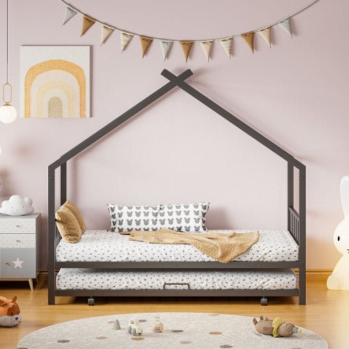 Bellemave® Metal House Bed with Twin Size Trundle Bed - Bellemave