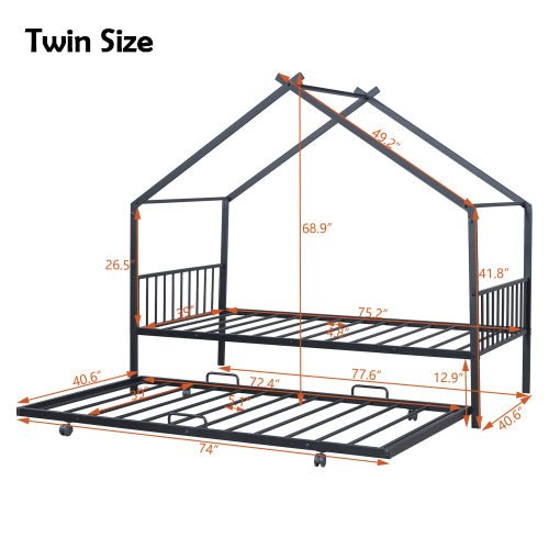 Bellemave® Metal House Bed with Twin Size Trundle Bed - Bellemave