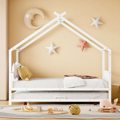 Bellemave® Metal House Bed with Twin Size Trundle Bed - Bellemave