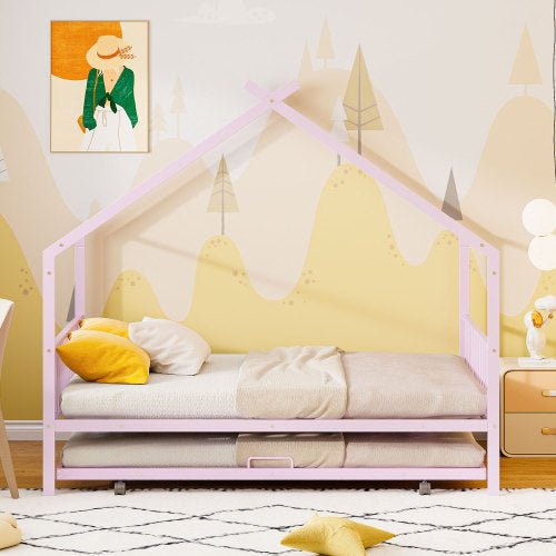 Bellemave® Metal House Bed with Twin Size Trundle Bed - Bellemave