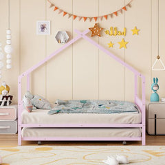 Bellemave® Metal House Bed with Twin Size Trundle Bed - Bellemave