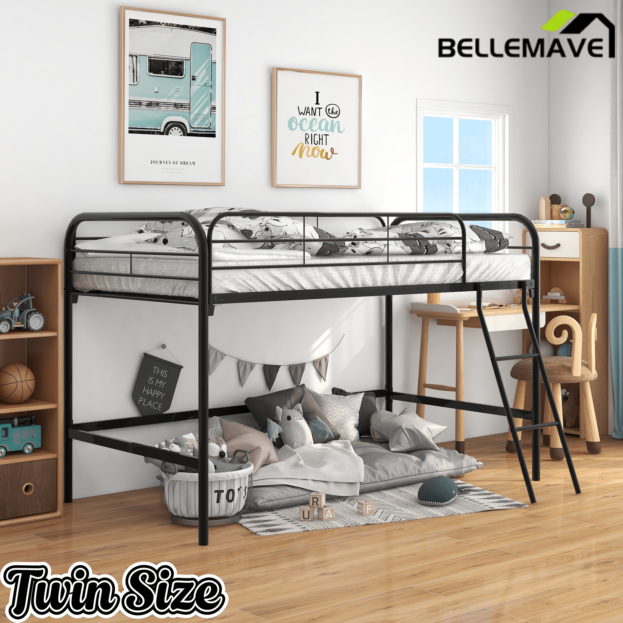 Bellemave® Metal Loft Bed Twin Size, Twin Loft Bed with Stairs,Bunk Bed with Sturdy Steel Frame for Bedroom with Top Guardrails and Under Storage,Bunk Bed for Kids and Adults,Black - Bellemave