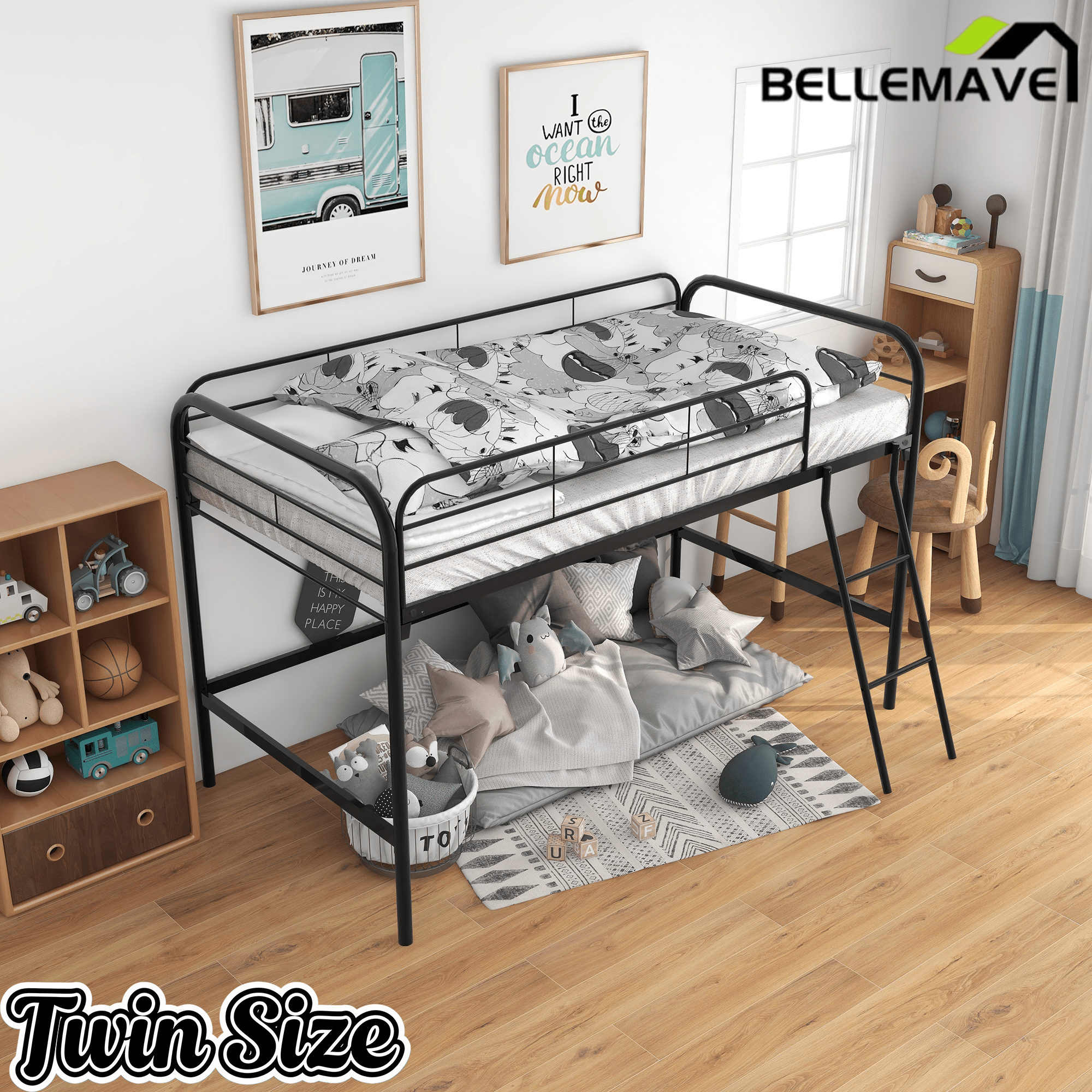 Bellemave® Metal Loft Bed Twin Size, Twin Loft Bed with Stairs,Bunk Bed with Sturdy Steel Frame for Bedroom with Top Guardrails and Under Storage,Bunk Bed for Kids and Adults,Black - Bellemave