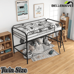 Bellemave® Metal Loft Bed Twin Size, Twin Loft Bed with Stairs,Bunk Bed with Sturdy Steel Frame for Bedroom with Top Guardrails and Under Storage,Bunk Bed for Kids and Adults,Black - Bellemave