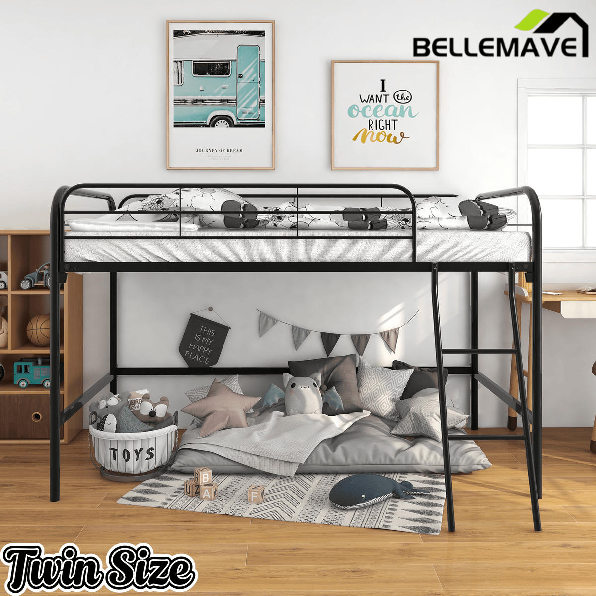 Bellemave® Metal Loft Bed Twin Size, Twin Loft Bed with Stairs,Bunk Bed with Sturdy Steel Frame for Bedroom with Top Guardrails and Under Storage,Bunk Bed for Kids and Adults,Black - Bellemave