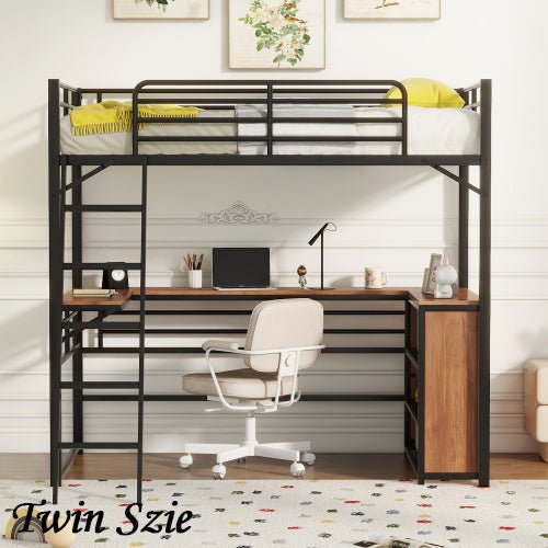 Bellemave® Metal Loft Bed with 3 Layers of Shelves and L - shaped Desk - Bellemave