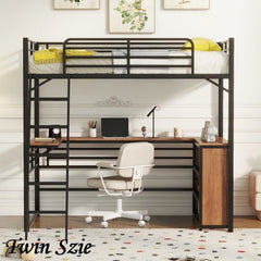 Bellemave® Metal Loft Bed with 3 Layers of Shelves and L - shaped Desk - Bellemave