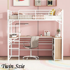Bellemave® Metal Loft Bed with 3 Layers of Shelves and L - shaped Desk - Bellemave