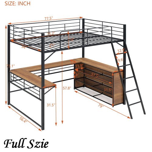 Bellemave® Metal Loft Bed with 3 Layers of Shelves and L - shaped Desk - Bellemave