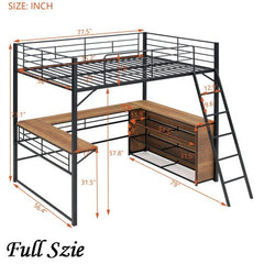 Bellemave® Metal Loft Bed with 3 Layers of Shelves and L - shaped Desk - Bellemave