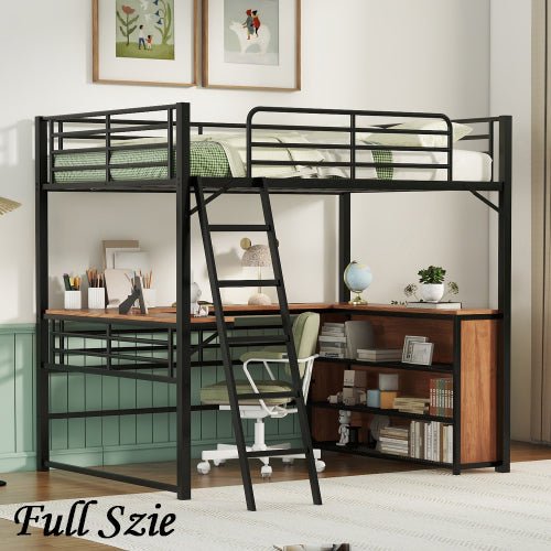 Bellemave® Metal Loft Bed with 3 Layers of Shelves and L - shaped Desk - Bellemave