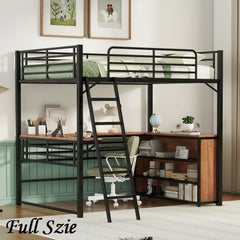 Bellemave® Metal Loft Bed with 3 Layers of Shelves and L - shaped Desk - Bellemave
