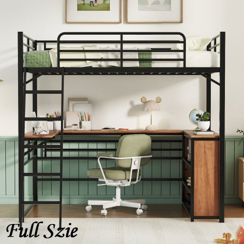 Bellemave® Metal Loft Bed with 3 Layers of Shelves and L - shaped Desk - Bellemave