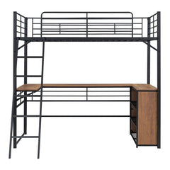 Bellemave® Metal Loft Bed with 3 Layers of Shelves and L - shaped Desk - Bellemave