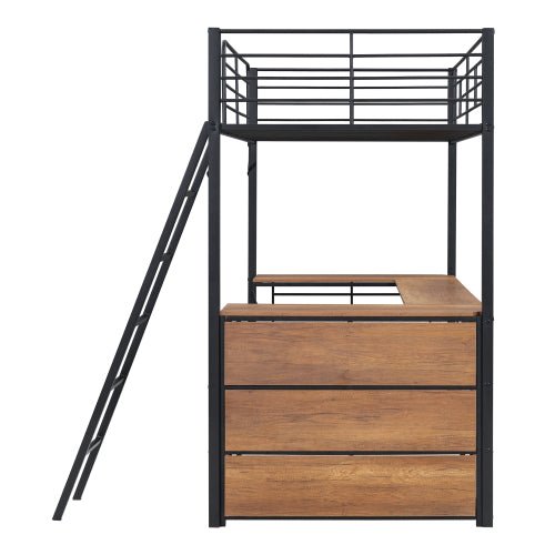Bellemave® Metal Loft Bed with 3 Layers of Shelves and L - shaped Desk - Bellemave