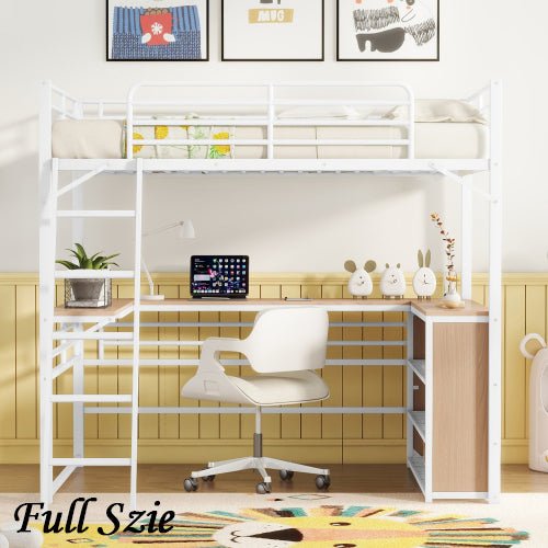 Bellemave® Metal Loft Bed with 3 Layers of Shelves and L - shaped Desk - Bellemave