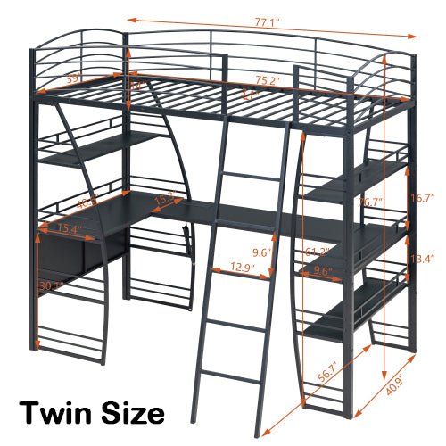 Bellemave® Metal Loft Bed with 4 Layers of Shelves and L - shaped Desk, Desk with a set of Sockets, USB Ports and Wireless Charging - Bellemave